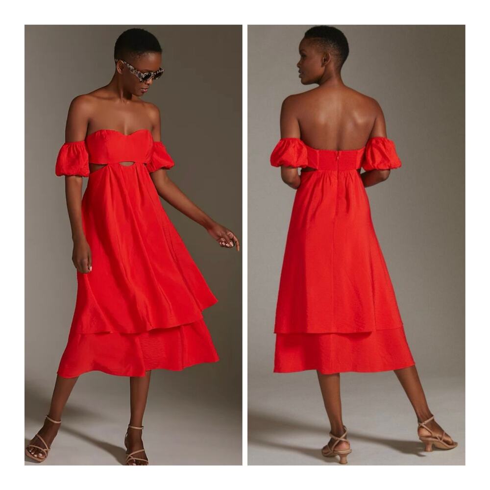 Anthropologie Off-The-Shoulder Cut Out Sweetheart Romantic Puff Midi Dress US4
